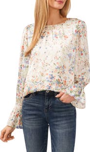 CeCe Floral Ruffle Cuff Charmeuse Top