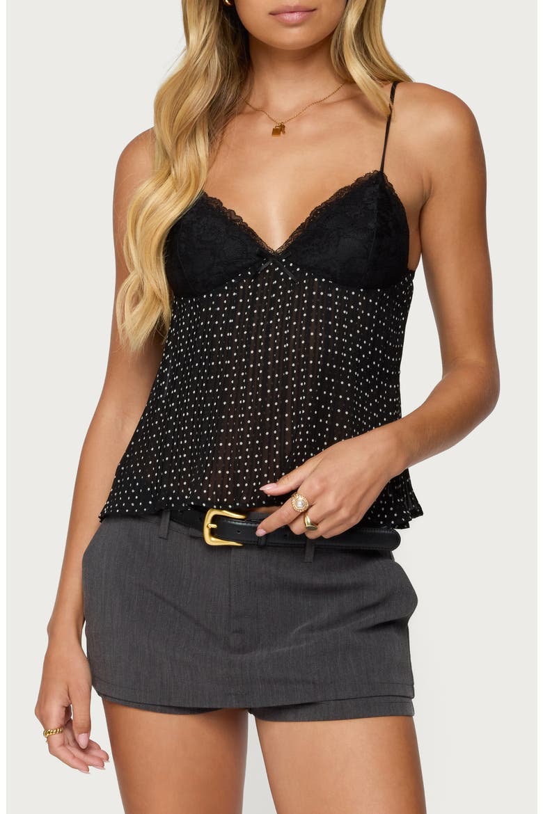 Rhian Polka Dot Lace Trim Pleated Camisole, Main, color, BLACK