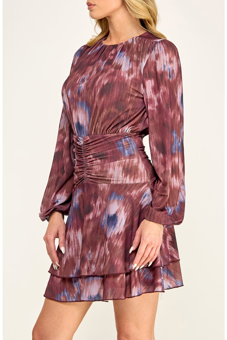Abstract Print Long Sleeve Mesh Minidress, Alternate, color, CLAY/ PERIWINKLE