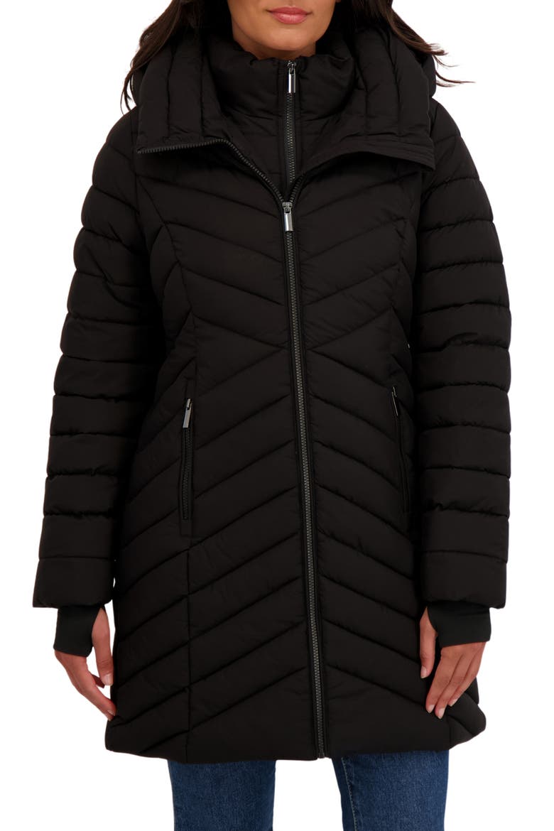 Water Resistant Stretch Chevron Quilted Jacket with Bib, Main, color, BLACK