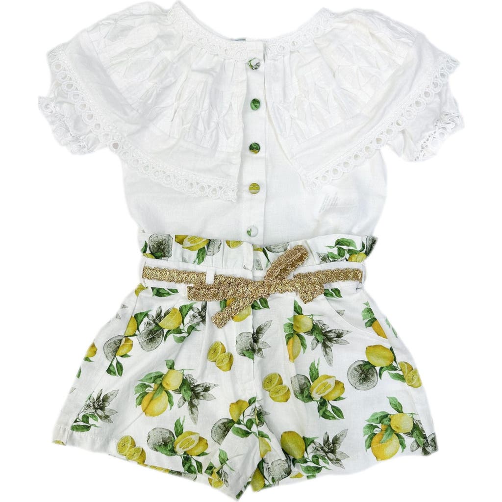 Petite Maison Kids Amalfi Lemon Print Linen Blouse And Shorts Set In White