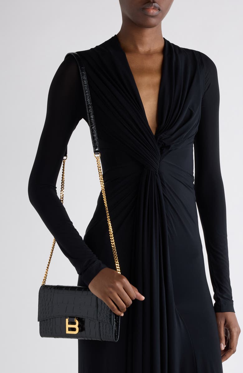 Balenciaga Hourglass Croc Embossed Patent Leather Wallet on a Chain, Alternate, color, 1000 Black