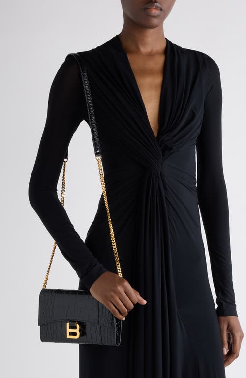 Balenciaga Hourglass Croc Embossed Patent Leather Wallet On A Chain In Black