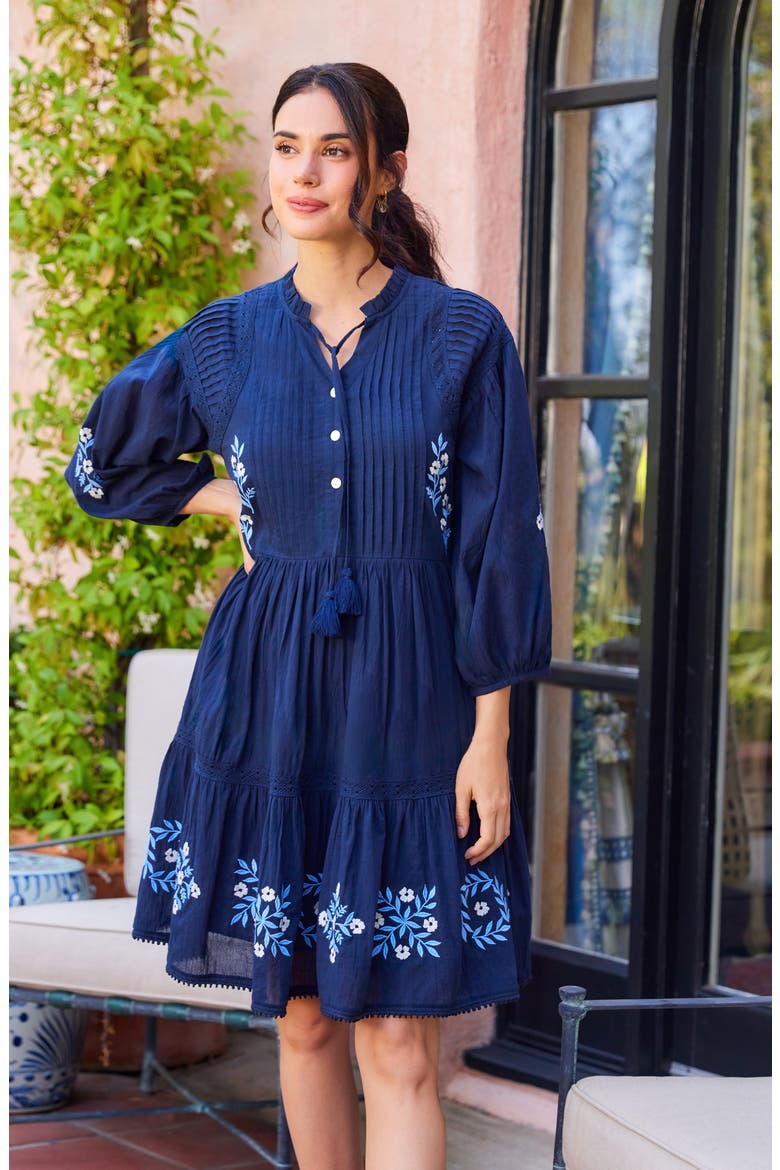 Floral Embroidered Tassel Cotton Dress, Alternate, color, NAVY