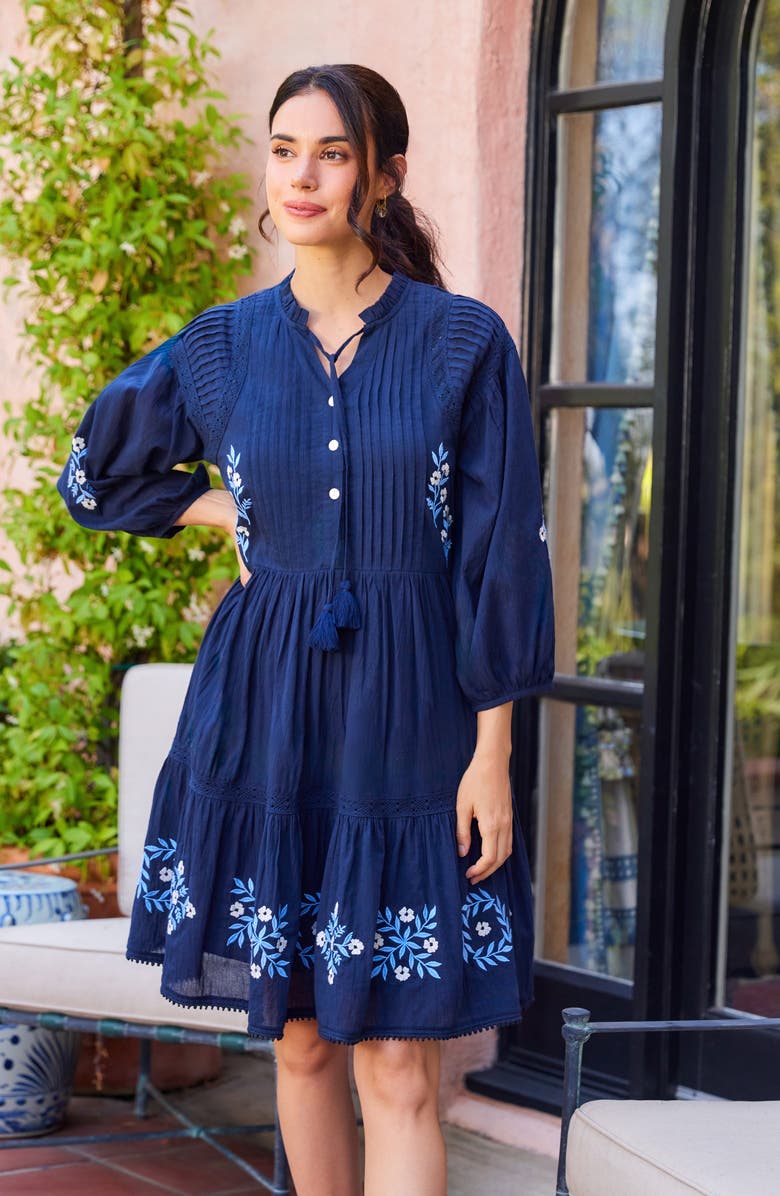 Karen Kane Floral Embroidered Tassel Cotton Dress, Alternate, color, Navy