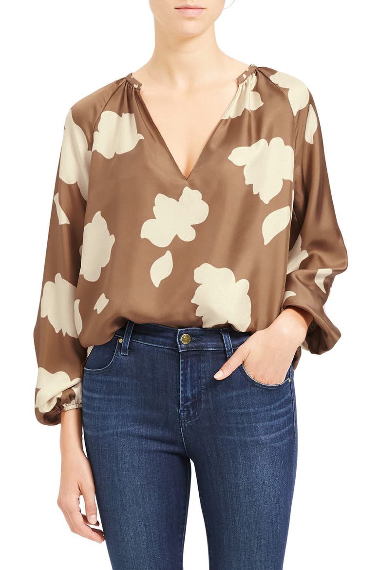 Floral Print Silk Top, Main, color, BRIGHT CAMEL