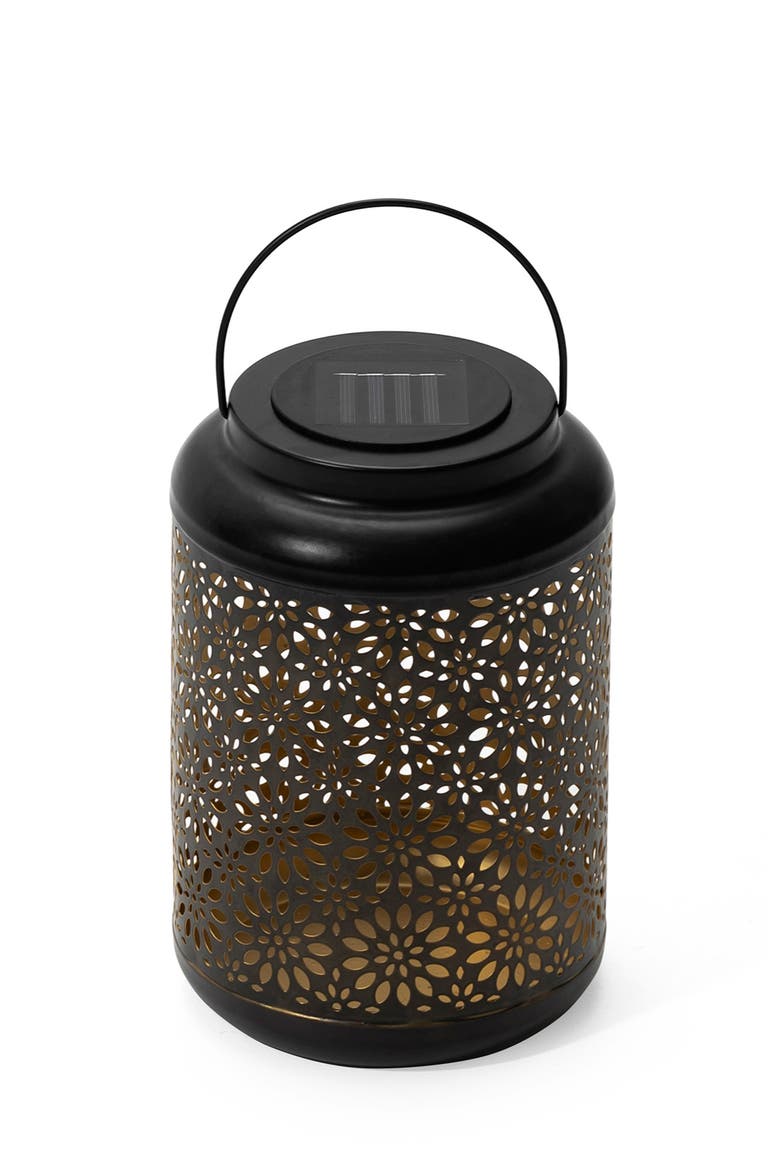 Metal Cutout Flower Solar Powered Outdoor Hanging Lantern with LED Light, Alternate, color, Black