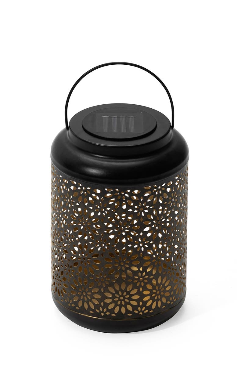 Glitzhome Metal Cutout Flower Solar Powered Outdoor Hanging Lantern with LED Light, Alternate, color, Black