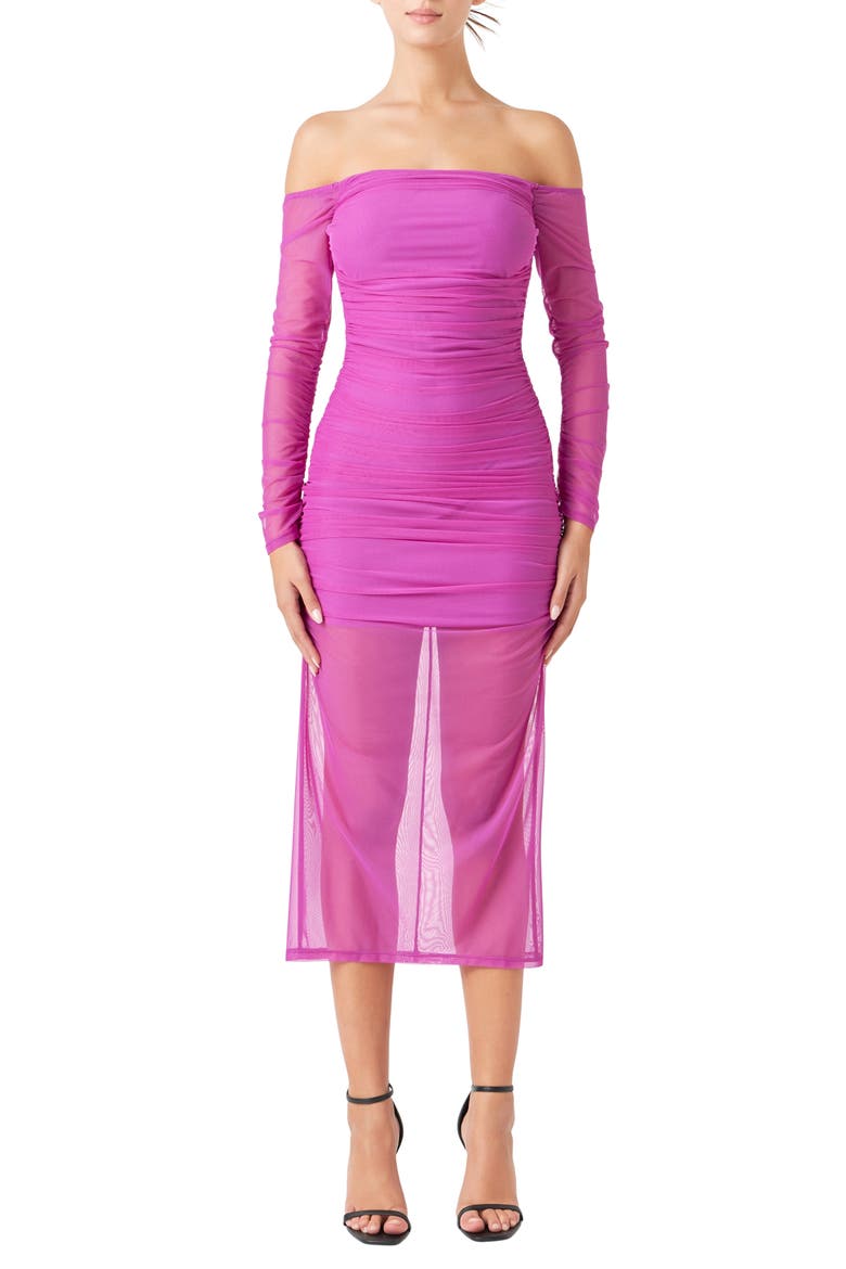 Long Sleeve Off the Shoulder Mesh Midi Body-Con Dress, Main, color, BERRY