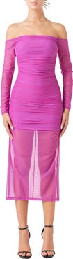 Endless Rose Long Sleeve Off the Shoulder Mesh Midi Body-Con Dress