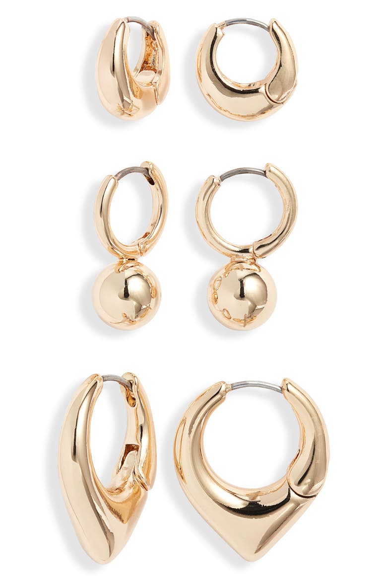 Set of 3 Geometric Huggie Hoop Earrings, Main, color, GOLD