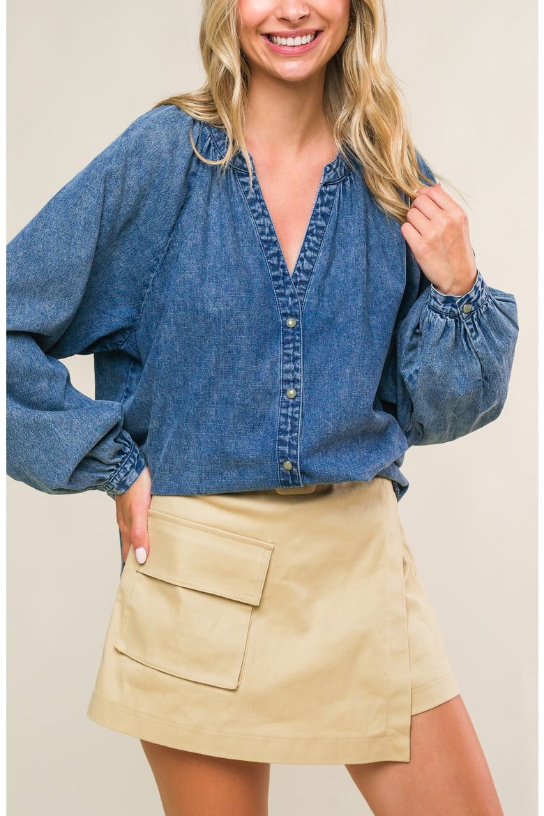 Washed Long Sleeve Denim Top, Alternate, color, MEDIUM INDIGO