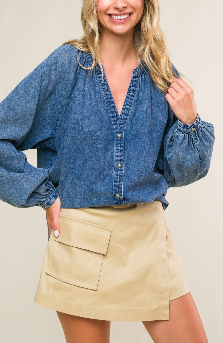 FLYING TOMATO Washed Long Sleeve Denim Top, Alternate, color, Medium Indigo