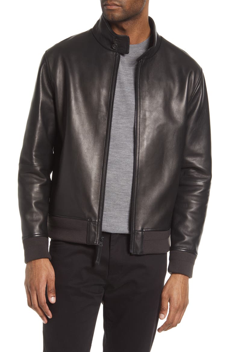 Harrington Leather Bomber Jacket, Main, color, BLACK