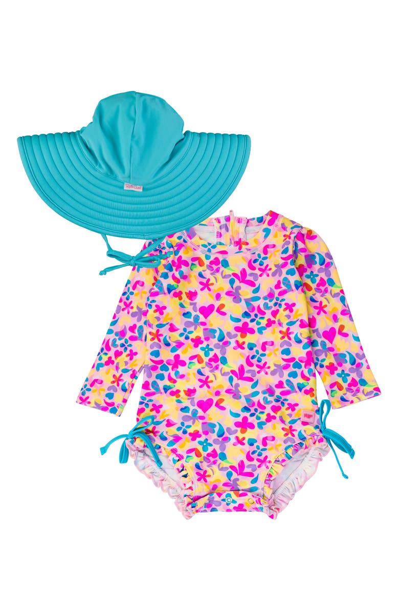 RuffleButts Vibrant Neon One-Piece Rashguard Swimsuit & Hat Set, Main, color, 