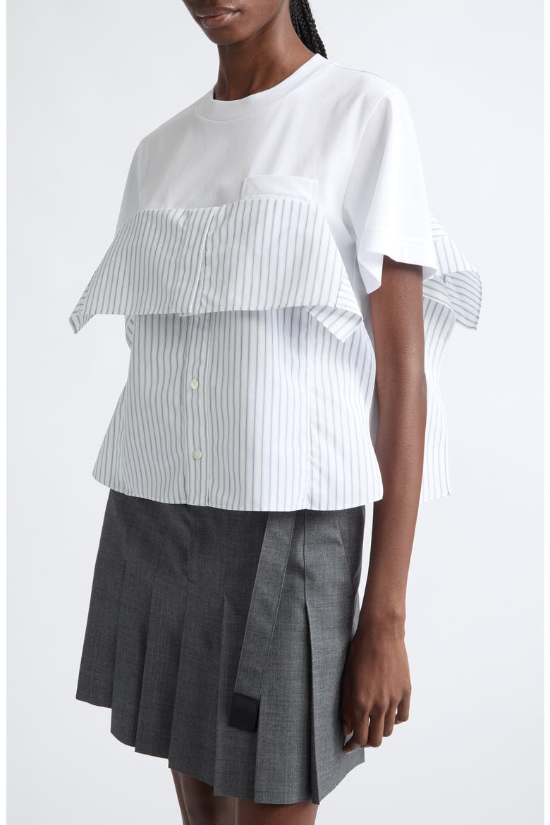 Mixed Media Poplin & Cotton Jersey T-Shirt, Alternate, color, WHITE/ OFF WHITE STRIPE