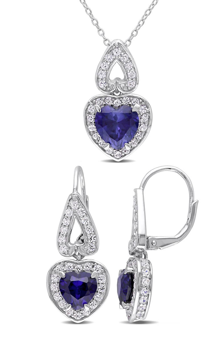 DELMAR Lab-Grown Sapphire & White Topaz Heart Drop Earrings & Pendant Necklace Set, Main, color, Blue