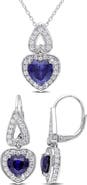 DELMAR Lab-Grown Sapphire & White Topaz Heart Drop Earrings & Pendant Necklace Set