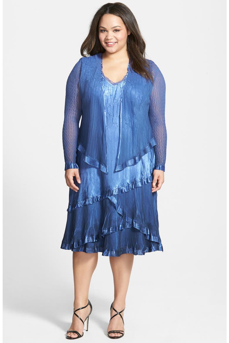 Tiered Chiffon & Charmeuse Dress with Jacket, Main, color, FREGATTA BLUE OMBRE