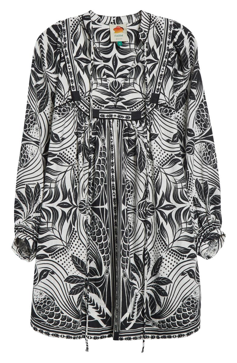 FARM Rio Monochrome Elegance Scarf Print Long Sleeve Linen Blend Minidress, Alternate, color, Black And White