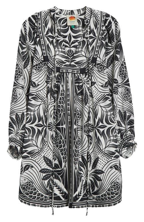 Shop Farm Rio Monochrome Elegance Scarf Print Long Sleeve Linen Blend Minidress In Black And White