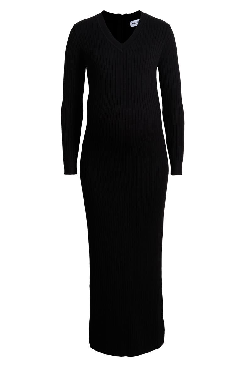 Women's Ribbed Long Sleeve V-Neck Midi Sweater Dress, Alternate, color, SOFT BLACK