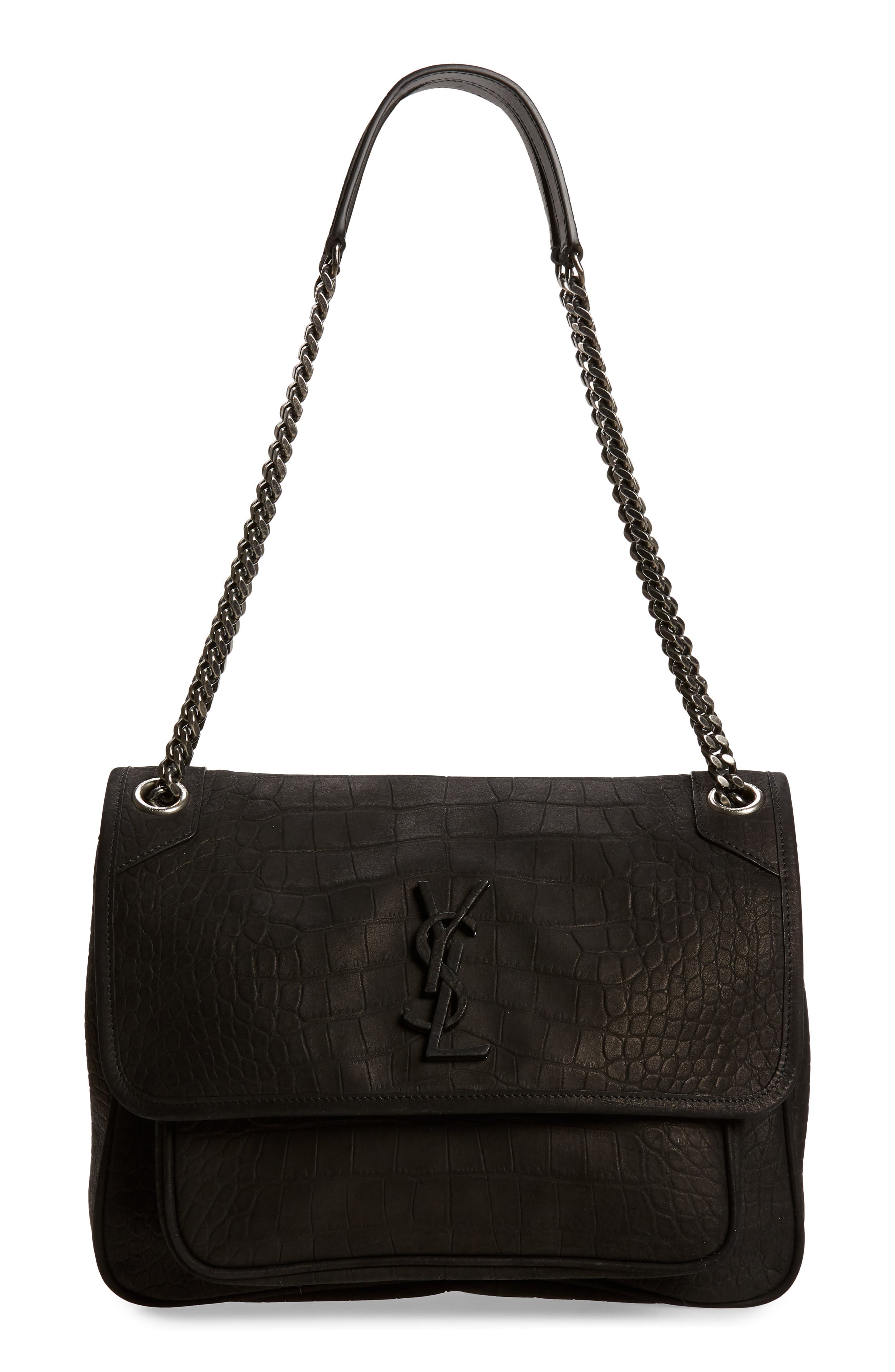 Saint Laurent Medium Niki Croc-Embossed Shoulder Bag, Main, color, 
