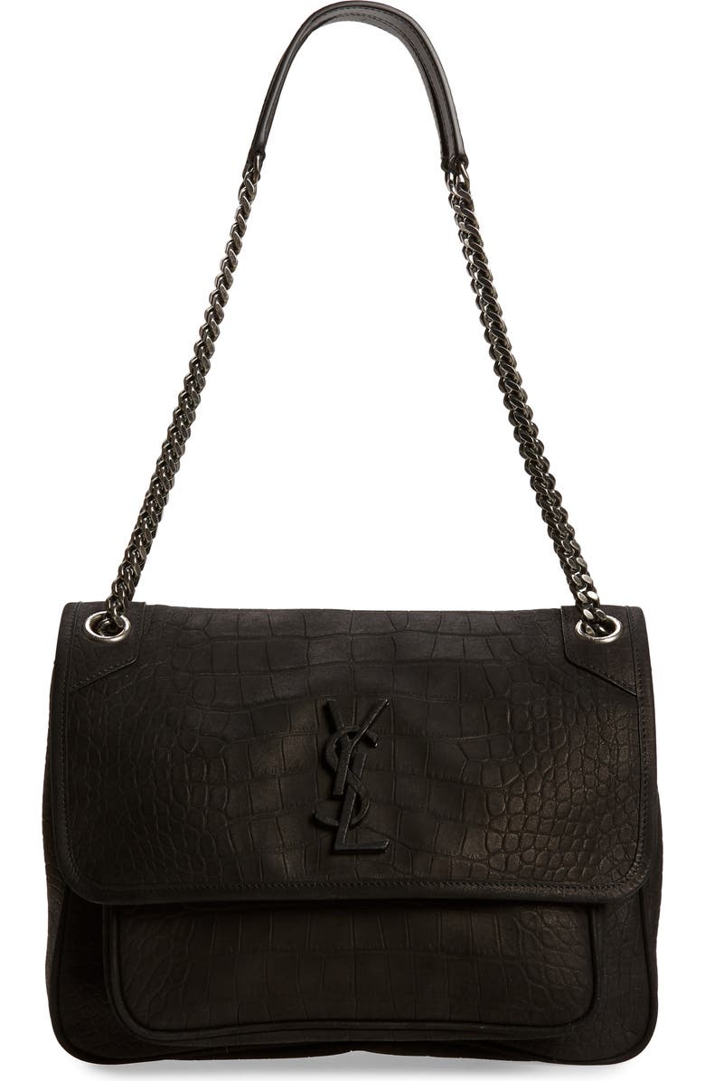 Saint Laurent Medium Niki Croc-Embossed Shoulder Bag, Main, color,