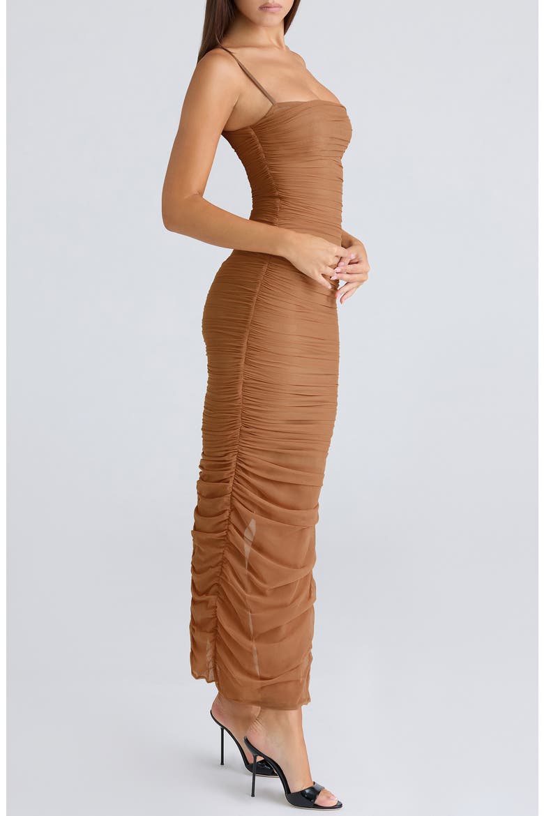 Fornarina Ruched Mesh Maxi Dress, Alternate, color, TAN