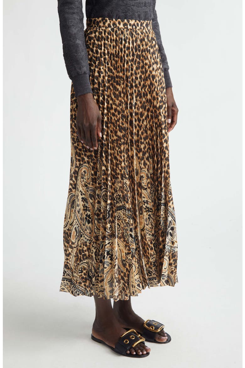Mixed Print Pleated Midi Skirt, Alternate, color, BEIGE
