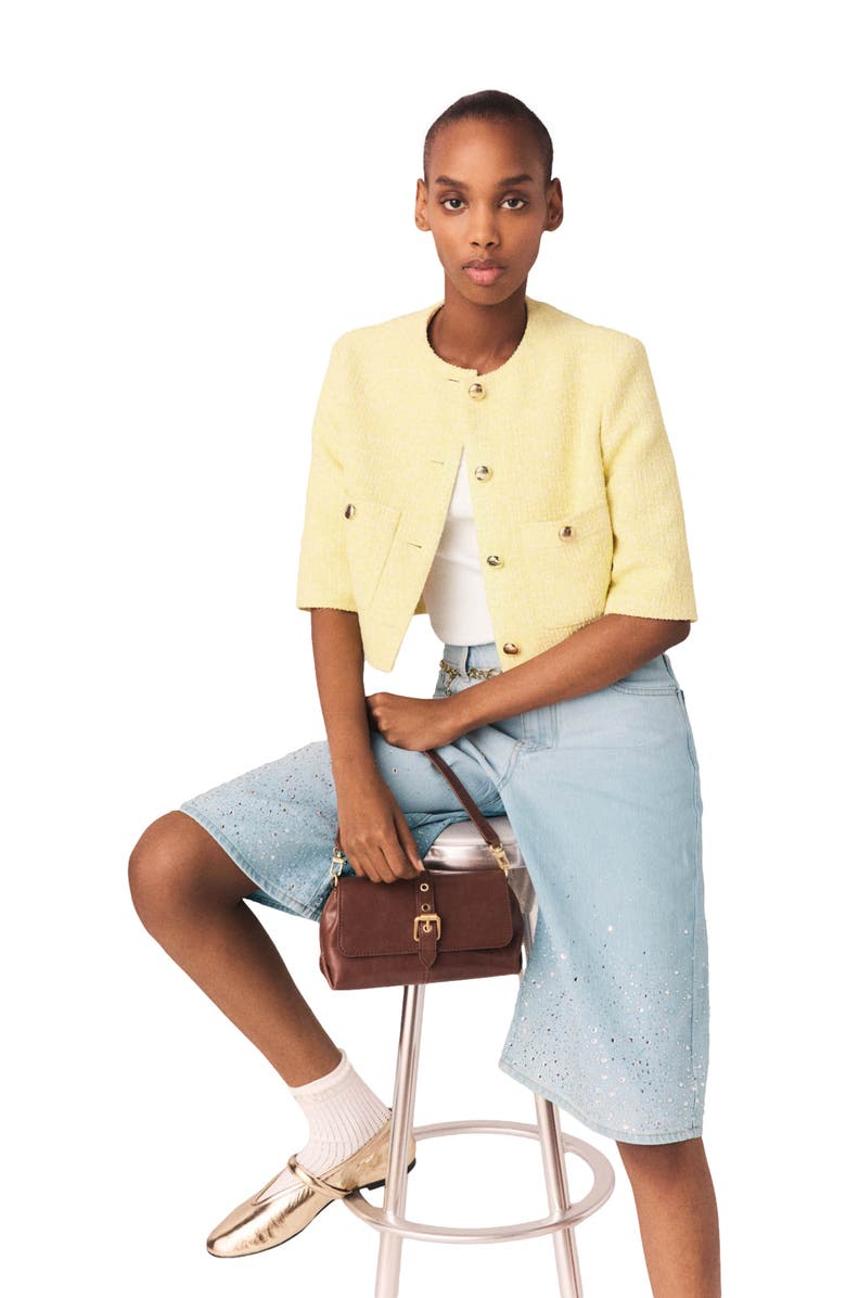 maje Short-sleeved tweed jacket, Alternate, color, Pale Yellow