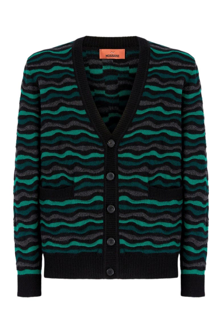 Cardigan In Pure Wool With Wave Stitch, Alternate, color, Green
