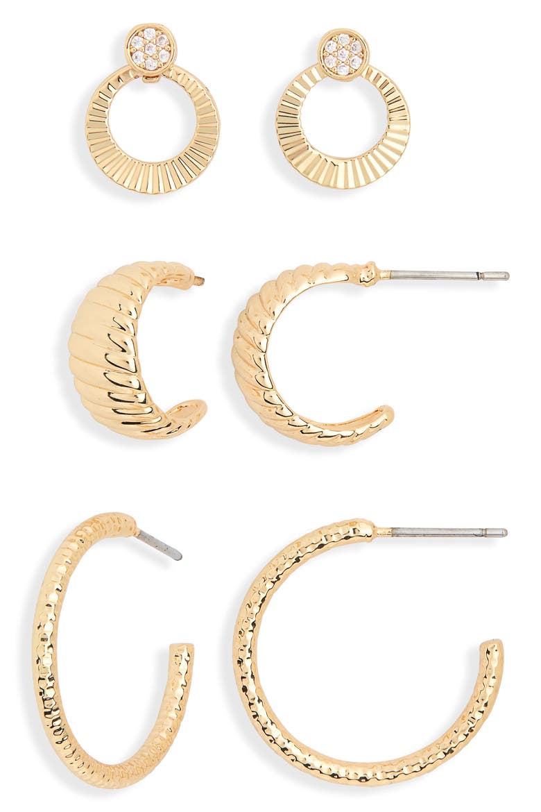 3-Pack Fluted Assorted Earrings, Alternate, color, GOLD