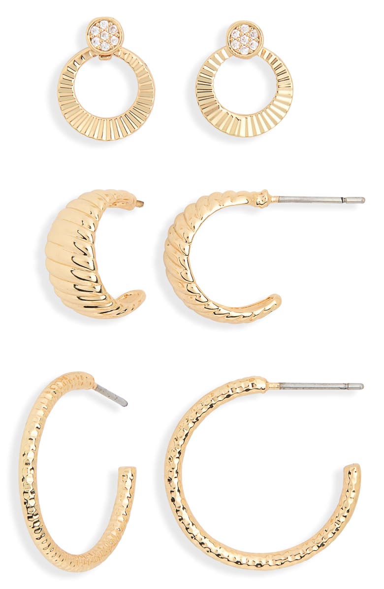 Leith 3-Pack Fluted Assorted Earrings, Alternate, color, Gold