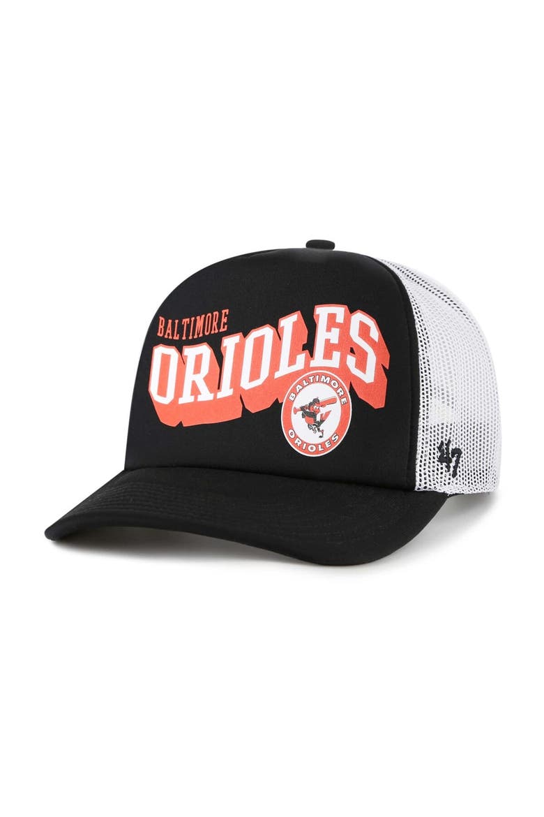 Men's '47 Black Baltimore Orioles Meander Foam Trucker Snapback Hat, Main, color, Black