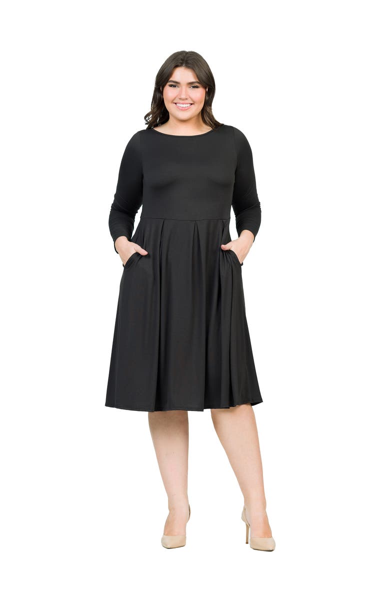 24seven Comfort Apparel Long Sleeve Fit and Flare Midi Dress, Main, color, Black