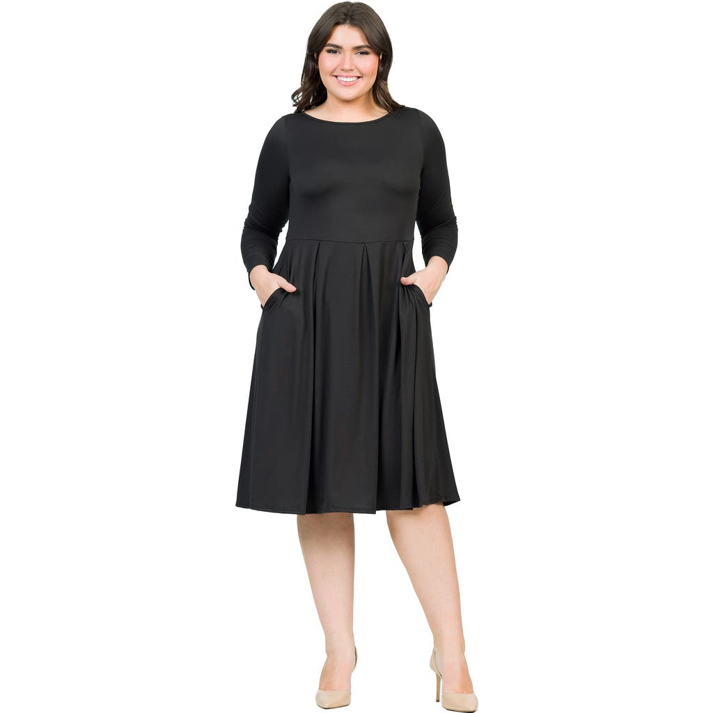 24seven Comfort Apparel Long Sleeve Fit And Flare Midi Dress In Black