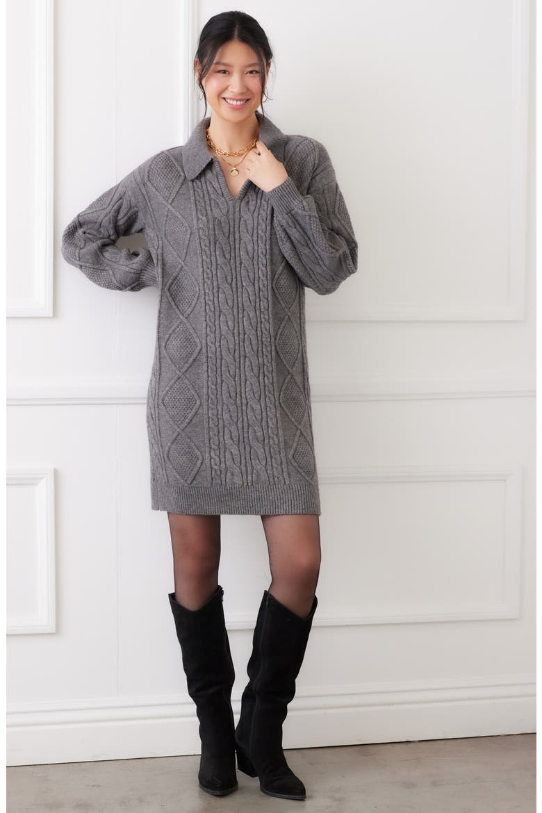 Cable Stitch Johnny Collar Long Sleeve Sweater Dress, Alternate, color, DARK GRAY