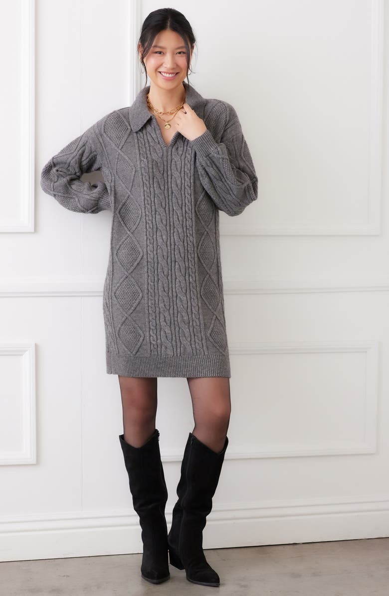 Karen Kane Cable Stitch Johnny Collar Long Sleeve Sweater Dress, Alternate, color, Dark Gray