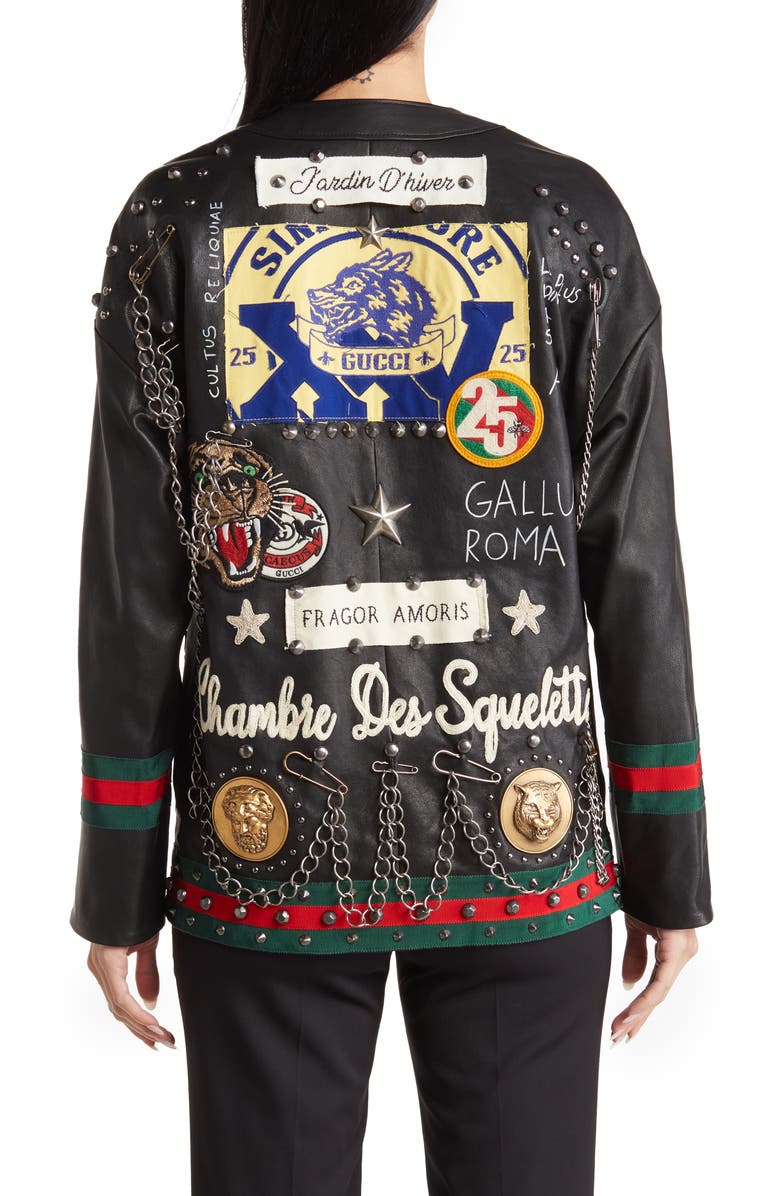 Gucci Leather Cardigan with Stud, Chain & Patch Details, Alternate, color, Black