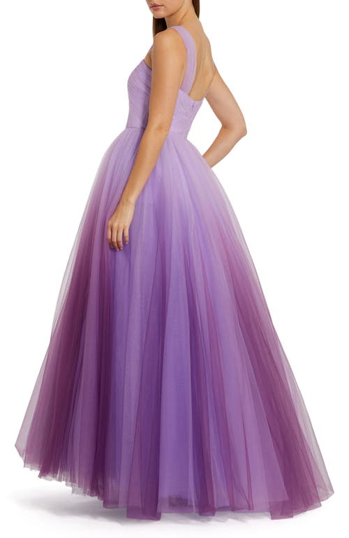 Mac Duggal Cross Front Strap Ombre Tulle Gown In Purple Ombre
