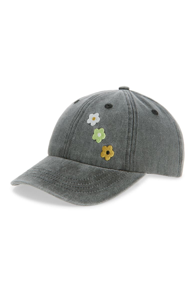Kids' Embroidered Floral Denim Baseball Cap, Main, color, BLACK