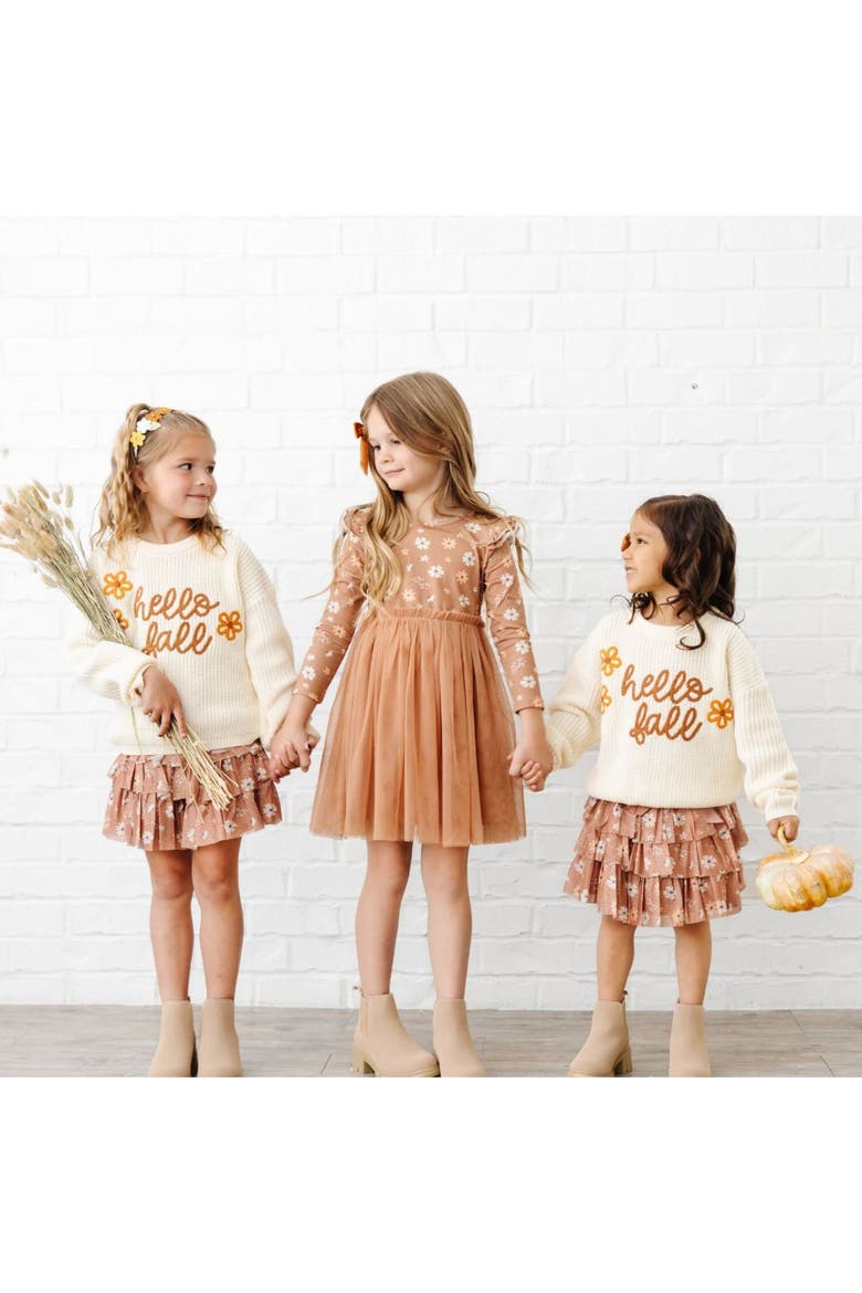 Ditsy Fall Floral Long Sleeve Tutu Dress, Alternate, color, Brown