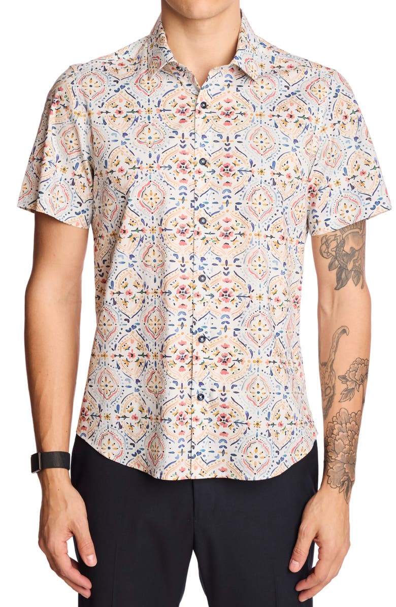 PAISLEY & GRAY Sawyer Short Sleeve Stretch Cotton Button-Up Shirt, Main, color, White Peach Blue Mosaic