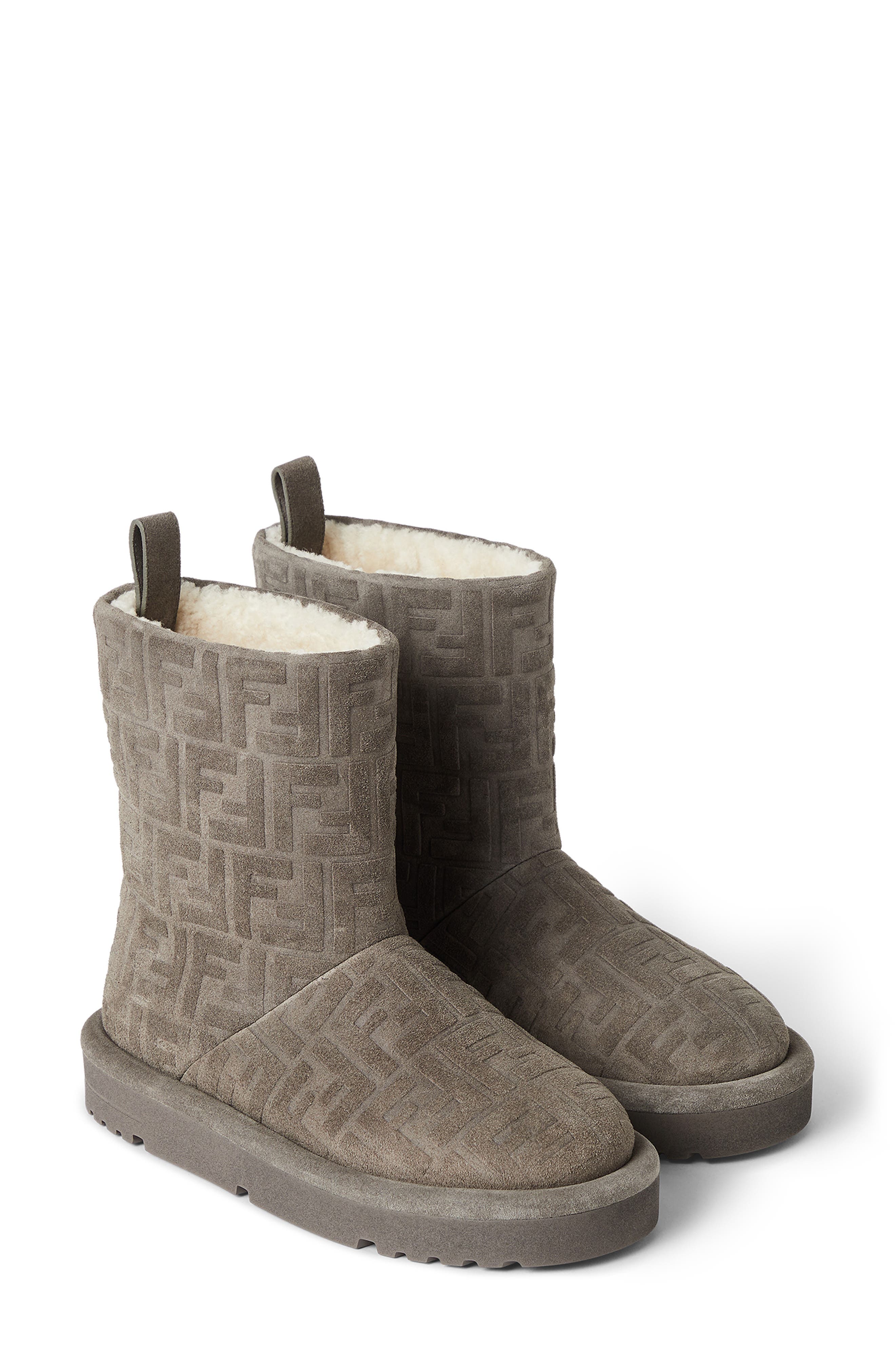 Fendi Après Chic FF Logo Genuine Shearling Lined Bootie, Alternate, color, Steel/ Latte