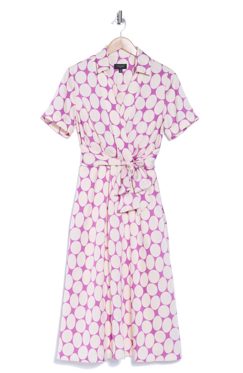 Tahari ASL Polka Dot Short Sleeve Faux Wrap Shirtdress, Alternate, color, Orchid Sand