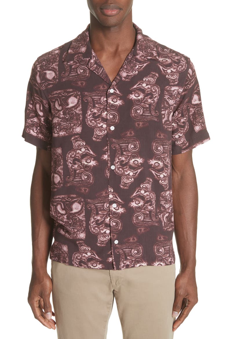 Canty Pendant Print Camp Shirt, Main, color, DARK MAUVE