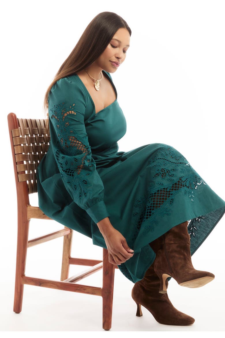 Puff Sleeve Poplin Midi Dress, Alternate, color, GREEN HERON