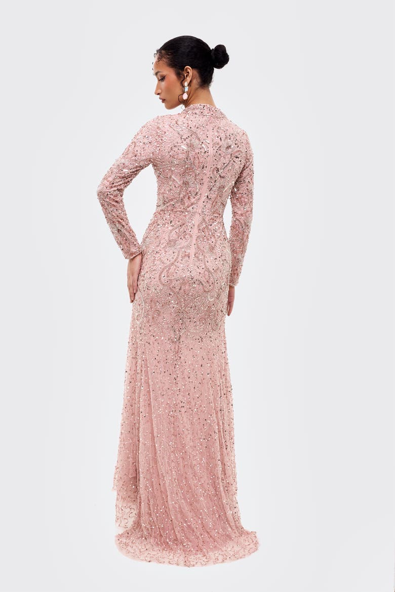 Modest Embellished Sequins Trail Gown, Alternate, color, FROSTED PINK