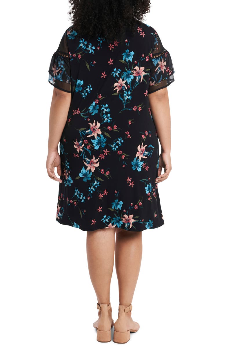CeCe Expressive Lillies Ruffle Sleeve Mixed Media Dress, Alternate, color, 